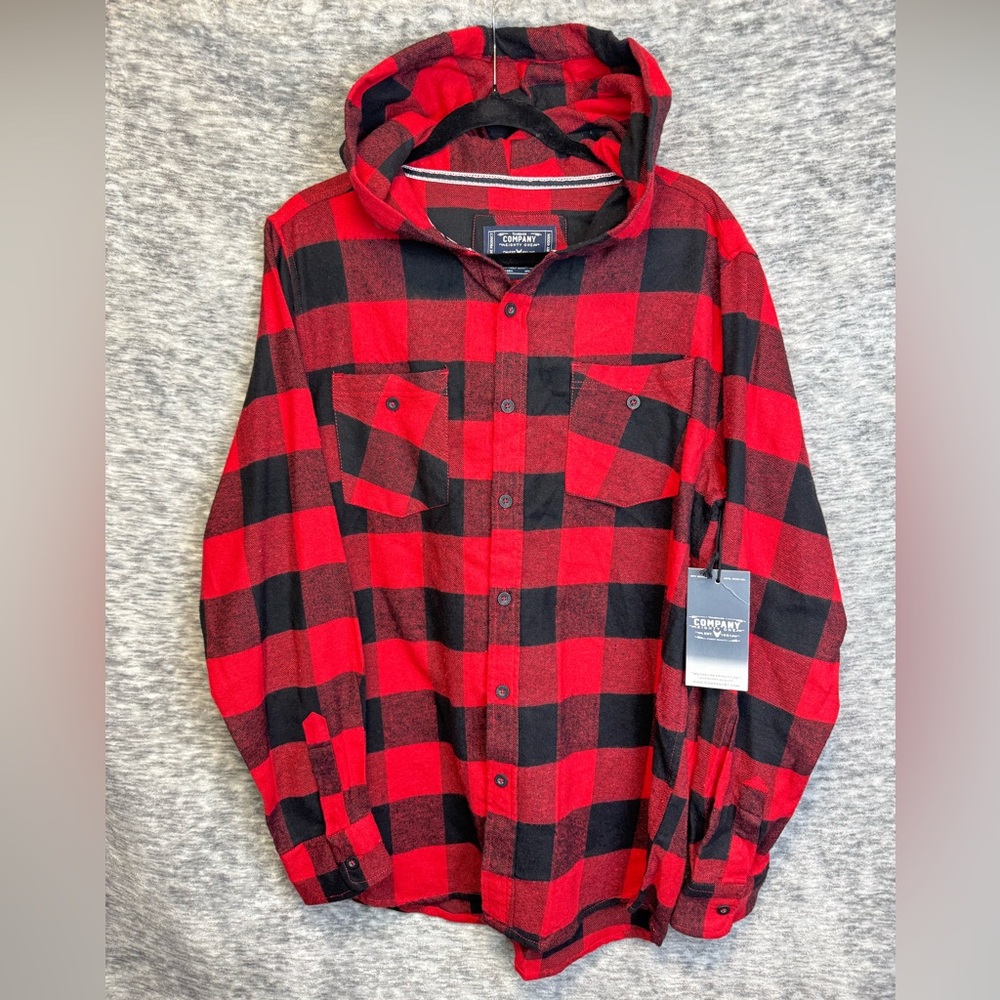 MACY'S Men's Hooded Flannel Shirt Size Medium Red and Black Plaid Company 81 NEW